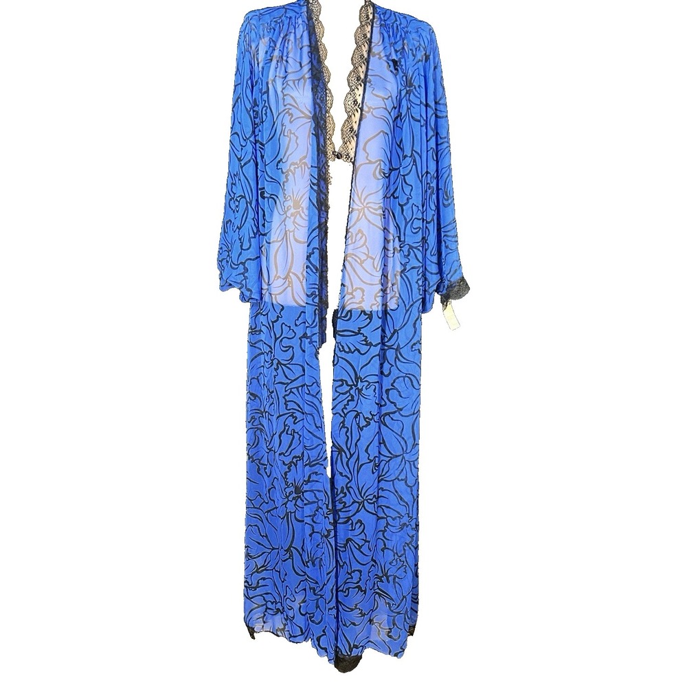 NWT Lucie Ann VTG  Robe Sheer Blue Black PEIGNOIR Abstract Floral Size M